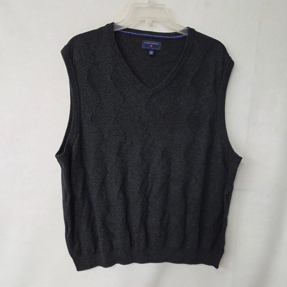 Saddlebred Sweater Vest Mens XL Charcoal Grey V-Neck Argyle Textured Cotton Knit